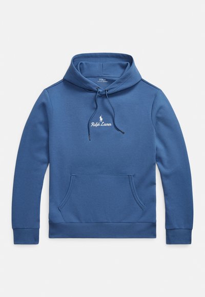 Blå bomullshoodie med framficka, huva med dragsko och broderad "Ralph Lauren"-logotyp på bröstet. Mjuk textur.