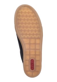 Black shoe sole with a textured brown rubber bottom, featuring a logo in red and a pattern of horizontal grooves for traction.