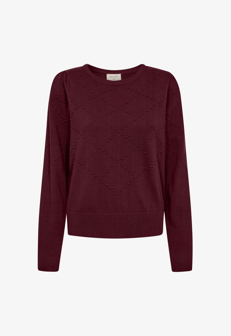 Bordeaux lange mouwen trui met een gestructureerd ruitpatroon, ronde hals, ribgebreide manchetten en zoom.