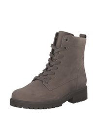 Stivali ankle in suede grigio con punta rotonda, chiusura con lacci e cuciture dettagliate. Presentano una suola in gomma testurizzata e occhielli in metallo.