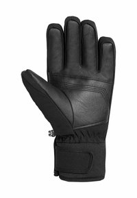 Schwarze Lederhandschuhe mit strukturierter Oberfläche, Fünf-Finger-Design und enger Manschette. Mit einem Klettverschluss für einen sicheren Sitz.