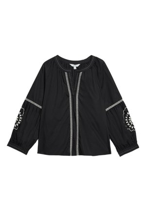 Blusa nera con scollatura tonda, maniche lunghe a sbuffo, disegni floreali ricamati e dettagli di cucitura decorativa lungo la parte anteriore e le maniche.