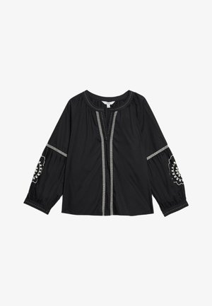 Black blouse with a round neckline, long puff sleeves, embroidered floral designs, and decorative stitch detailing along the front and sleeves.