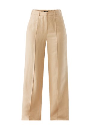 Pantalones de pierna ancha en color beige con una cintura alta, pliegues frontales y una tela ligera y suave. Diseño con líneas limpias y un ajuste entallado.