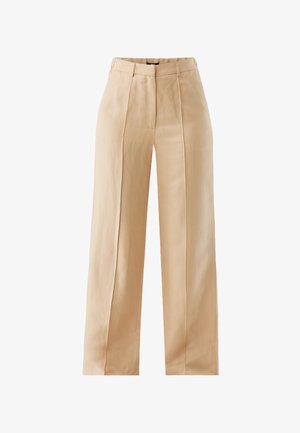 Pantalon beige à jambes larges avec taille haute, plis avant et tissu léger et lisse. Design comprenant des lignes épurées et une coupe ajustée.