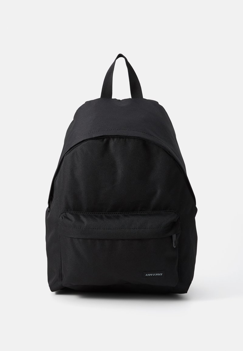 Black backpack made of durable fabric, featuring a top handle, a front zip pocket, and smooth texture with minimalistic design.