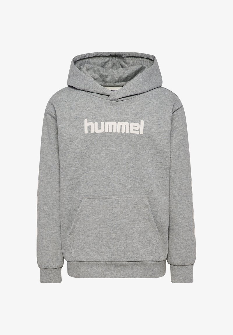 Grauer Hoodie mit einer Kordelzugkapuze, Fronttasche und weißem "hummel"-Logo. Weicher Stoff und gerippte Bündchen sorgen für Textur und Form.