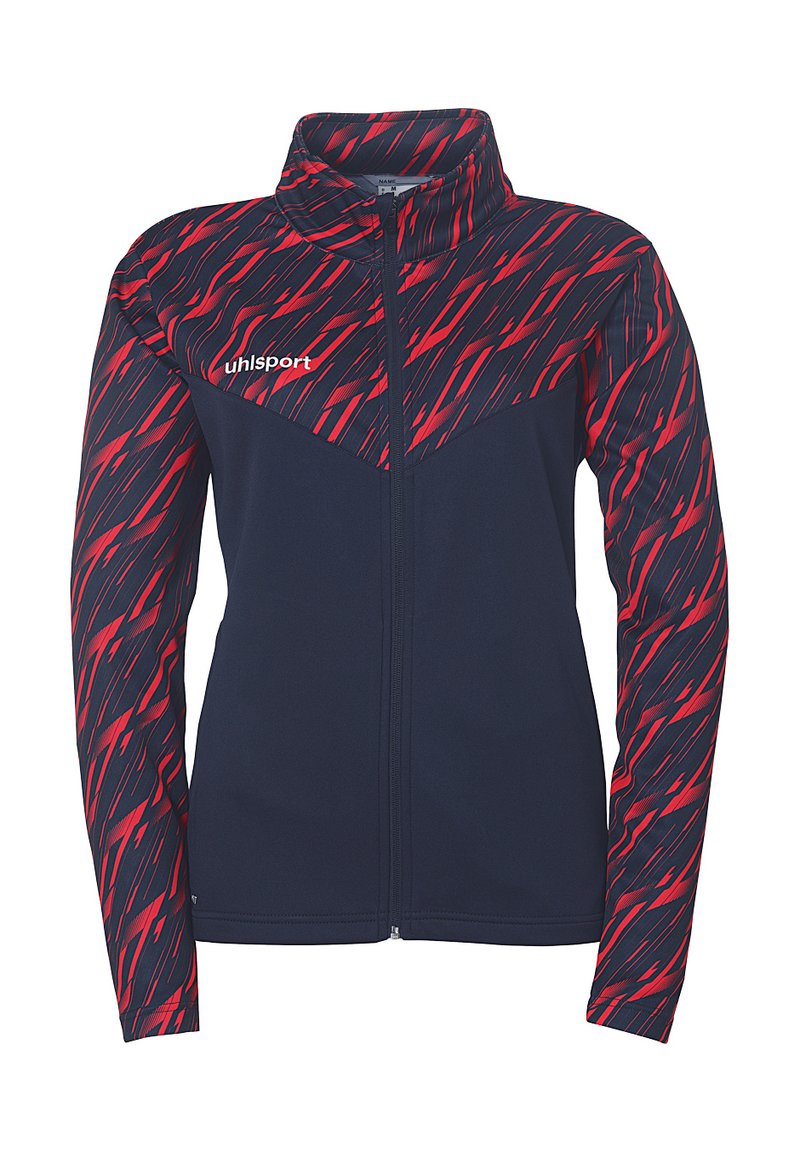 Navy blue zip-up jacket with a high collar; features a red and black abstract pattern on the shoulders and sleeves; made of a smooth fabric.