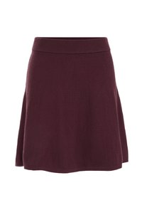 Knie-langer, maroonfarbener Rock aus weichem Stoff mit elastischem Bund. Leicht ausgestellt mit glatter Textur und ohne sichtbare Muster.