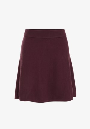 Knie-langer, maroonfarbener Rock aus weichem Stoff mit elastischem Bund. Leicht ausgestellt mit glatter Textur und ohne sichtbare Muster.