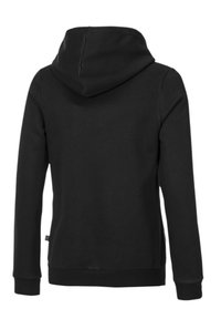 Sort hættetrøje med en glat tekstur, der har en central søm, en stor hætte samt ribbede manchetter og kant for et tætsiddende udseende.