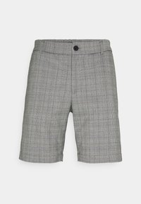 Grå mönstrade shorts med rutigt mönster, tillverkade av lätt material, med knappstängning och sidofickor.