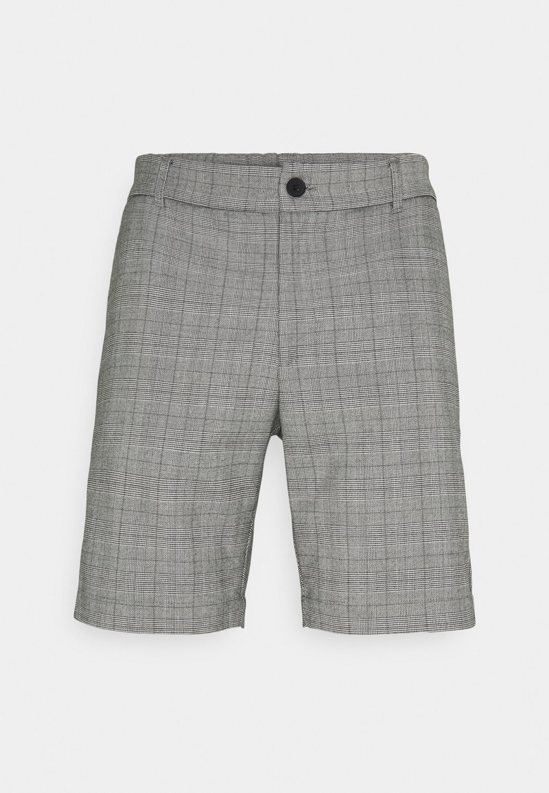 Grå mönstrade shorts med rutigt mönster, tillverkade av lätt material, med knappstängning och sidofickor.