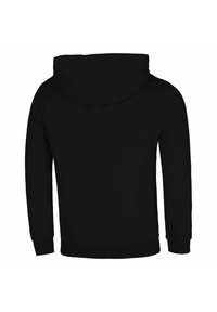 Schwarzer Hoodie mit einer Kordelzug-Haube, langen Ärmeln und gerippten Bündchen sowie Saum. Weiche Textur in einfarbiger Ausführung, ohne Muster oder Akzente.