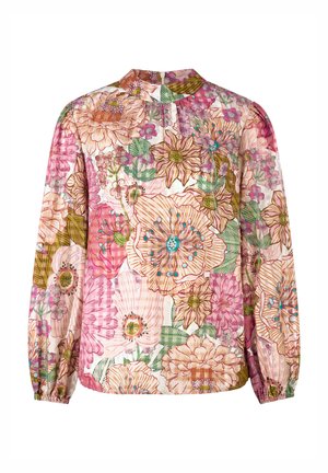 Bluză florală cu mâneci lungi și strânse. Prezintă un model floral roz și multicolor pe un fundal deschis. Guler cu guler.