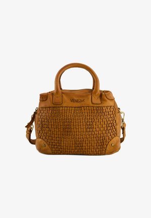 Hellige Lederhandtasche mit gewebter Textur, goldfarbener Hardware, doppelten Griffen, abnehmbaren Schultergurt und mit Logo-Prägung auf der Vorderseite.