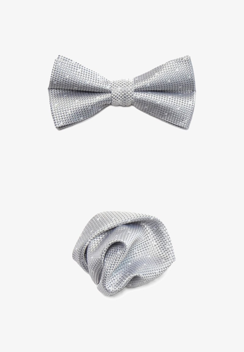 Nœud papillon en argent avec pochette assortie en tissu texturé, présentant un motif tissé avec une finition lisse.