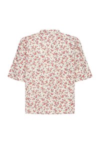 Chemise à manches courtes florale en beige clair, présentant un motif de fleurs rouges et bleues. Tissu doux avec une coupe décontractée et carrée, dotée d'un col.