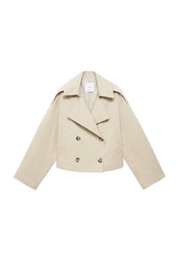 Beige kortärmad dubbelknäppt jacka i bomull. Har stora knappar, två framfickor och en bred slag med öppen krage.