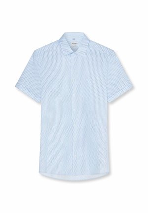 Hellblaues kurzärmeliges Hemd mit Knöpfen, dezentem kleinem geometrischem Muster und klassischem Kragen.