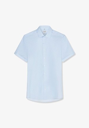 Camicia azzurro chiaro a maniche corte con bottoni, con un sottile piccolo motivo geometrico e colletto classico.