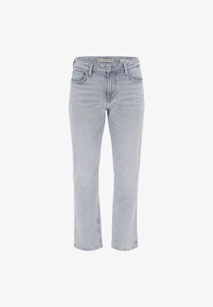 Jeans in denim grigio chiaro con un design a gamba dritta, cinque tasche e una texture leggermente sbiadita. Presenta una patch con logo sulla parte posteriore della vita.