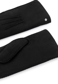 Schwarze Lederhandschuhe mit glatter Textur, kontrastierender Naht und einem Knopfakzent am Handgelenk. Verschiedene Schnittdetails sind vorhanden.