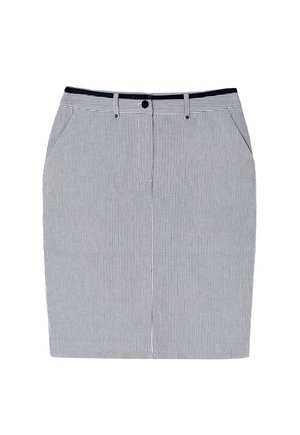 Črtasta svinčnik krila v mornarsko modri in beli barvi, s dvema sprednjima žepekoma, gumbom za zapiranje in prilegnjeno silhueto z ravnim robom.