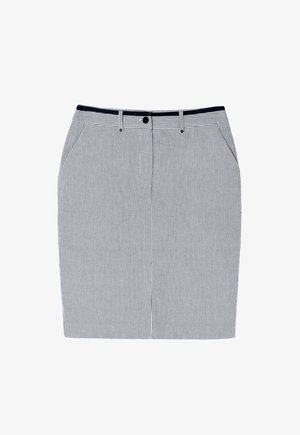 Prążkowana spódnica ołówkowa w kolorze granatowym i białym, z dwoma przednimi kieszeniami, zapięciem na guzik oraz dopasowanym krojem z prostym dołem.