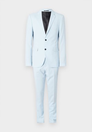 Light blue suit with a tailored jacket and matching trousers. Features a single-breasted design, two front pockets, and black inner lining.