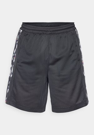 Black mesh sports shorts with elastic waistband, featuring colorful side stripes and breathable fabric for moisture control.