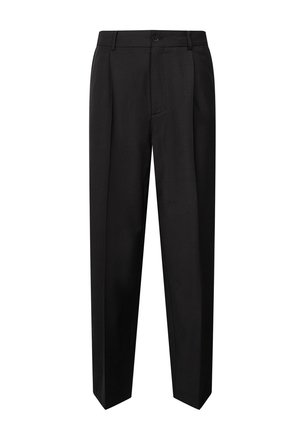 Pantalon habillé noir ajusté avec passants de ceinture, fermeture par bouton et plis sur le devant, présenté sur fond blanc.