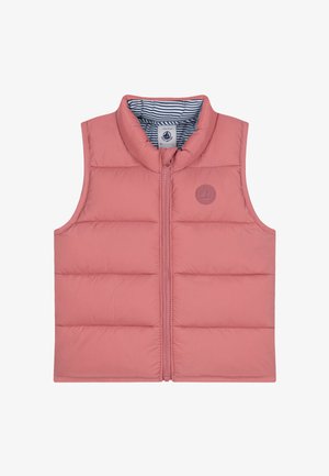Gilet imbottito senza maniche in un delicato rosa con colletto alto, zip frontale e un sottile dettaglio del logo. L'interno presenta righe blu navy e bianche.