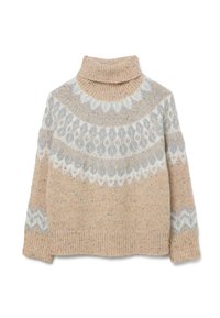 Beiger gestrickter Pullover mit hohem Kragen, der ein graues und weißes Muster am Schultern hat. Weiche Textur mit mehrfarbigen Sprenkeln überall.