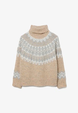 Beige gebreide trui met een hoge kraag, voorzien van een grijs en witte gebreide schouderstuk. Zachte textuur met meerdere kleuren door het hele stuk.