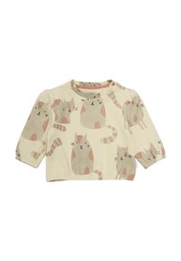 Witte lange mouwen shirt met een patroon van verschillende cartoon katten in grijze en roze tinten. Zachte stof met een geplooide zoom en manchet mouwen.