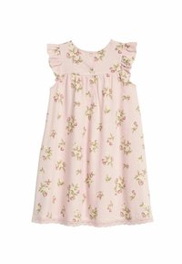 Rosa Baumwollkleid mit floralem Stickerei, Rüschensäumen, rundem Ausschnitt und Spitze am Saum. A-Linie mit Knopfdetails.