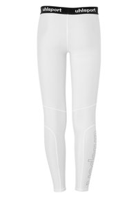 Leggings de sport blancs avec une ceinture élastique noire marquée "uhlsport." Comprend des coutures de panneau et un logo subtil imprimé sur le côté.