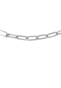 Catena in metallo argento con anelli ovali allungati, caratterizzata da una superficie lucida e da una forma uniforme, adatta per diverse applicazioni.
