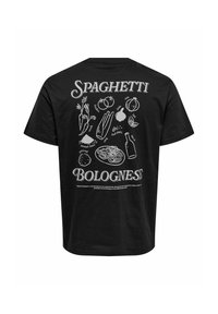 Camiseta de algodón negra con ilustraciones gráficas en blanco de ingredientes y texto que dice "Espagueti a la boloñesa" en la parte de atrás.