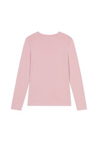 Langärmliges Oberteil aus weichem, pinkem Baumwollstoff, runder Halsausschnitt, figurbetonter Schnitt, glatte Textur, ohne sichtbare Verzierungen oder Muster.