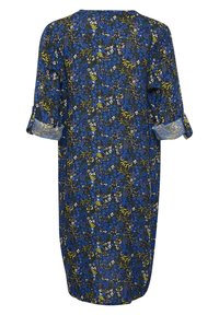 Blumendruckkleid in Blau, Grün und Weiß mit schwarzem Hintergrund. Lockerer Schnitt, kurze Ärmel mit umgeschlagenen Säumen, knielange Silhouette.