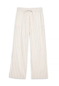 Lekki, szeroki krój spodni z elastycznym pasem. Kremowe tło z wąskimi pionowymi brązowymi paskami oraz detalem w formie sznureczka.