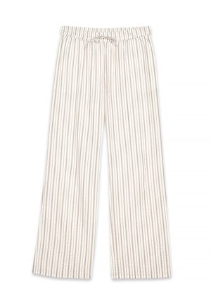 Lightweight, wide-leg pants with an elastic waistband. Cream background with narrow vertical brown stripes and a drawstring detail.