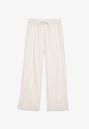 Lahki široki hlače z elastiko v pasu. Kremna podlaga z ozkimi vertikalnimi rjavimi črtami in detajlom vezanja.