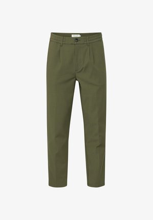 Olivenfargede bukser laget av glatt stoff, med knappelukking, plisserte front og smale ben. Ingen synlige lommer.
