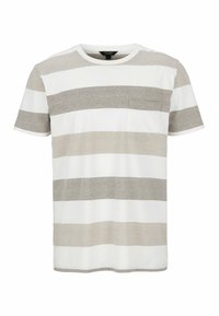 Raidallinen t-paita vaaleanharmaana ja valkoisena. Ominaisuuksiin kuuluvat lyhyet hihat, pyöreä kaula-aukko ja pieni rintatasku. Pehmeää puuvillakangasta.