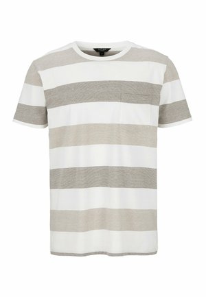 Stribet t-shirt i lysegrå og hvid. Har korte ærmer, rund halsudskæring og en lille brystlomme. Blødt bomuldsstof.