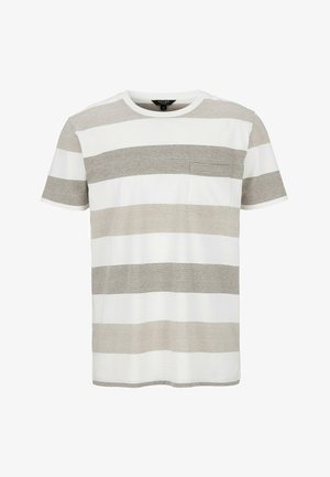 Gestreept T-shirt in lichtgrijs en wit. Beschikt over korte mouwen, een ronde halslijn en een klein borstzakje. Zacht katoenmateriaal.