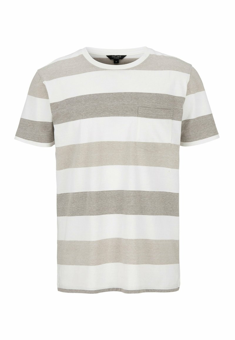 Raidallinen t-paita vaaleanharmaana ja valkoisena. Ominaisuuksiin kuuluvat lyhyet hihat, pyöreä kaula-aukko ja pieni rintatasku. Pehmeää puuvillakangasta.